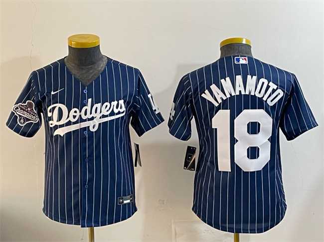 Youth Los Angeles Dodgers #18 Yoshinobu Yamamoto Navy Pinstripe 2025 World Series Champions Patch Cool Base Stitched Jersey Dzhi