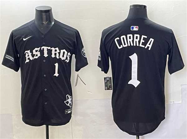 Mens Houston Astros #1 Carlos Correa Black Gothic Houston Born Barrio Raised Limited Stitched Jersey