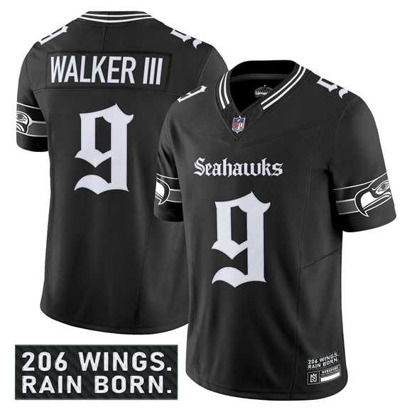 Men & Women & Youth Seattle Seahawks #9 Kenneth Walker III Black 2025 F.U.S.E. Gothic Rain City Shadows Edition Vapor Limited Stitched Jersey