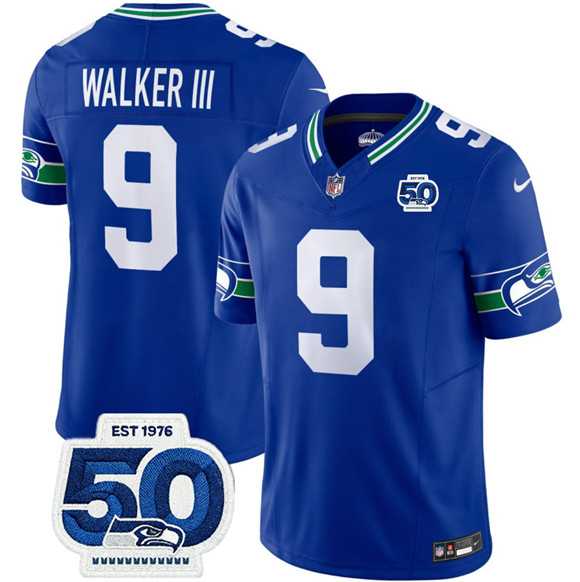 Men & Women & Youth Seattle Seahawks #9 Kenneth Walker III Royal 2025 F.U.S.E 50th Anniversary Patch Throwback Vapor Limited Stitched Jersey
