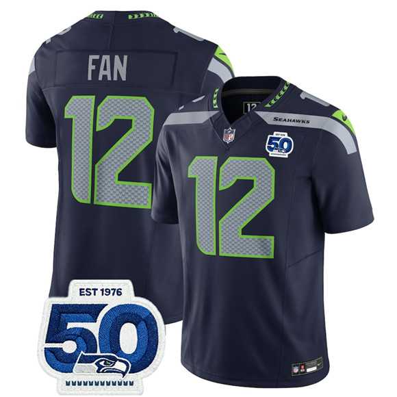 Men & Women & Youth Seattle Seahawks #12 Fan Navy 2025 F.U.S.E. 50th Anniversary Patch Vapor Limited Stitched Jersey