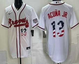 Mens Atlanta Braves #13 Ronald Acuna Jr White USA 250 Fourth of July Home Stadium Stitched Jersey Dzhi