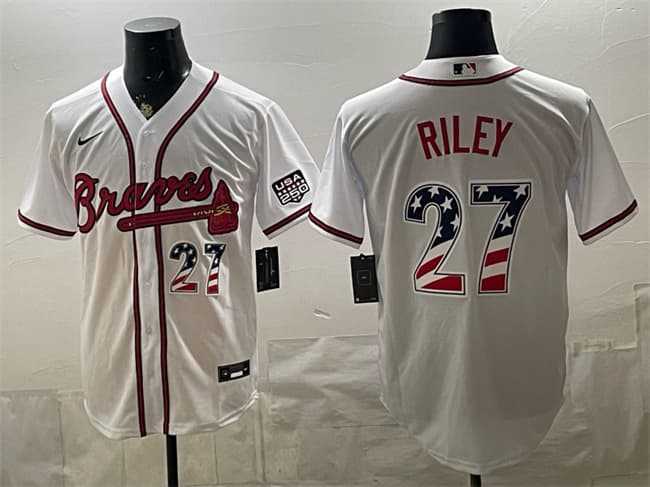 Mens Atlanta Braves #27 Austin Riley White USA 250 Fourth of July Home Stadium Stitched Baseball Jersey Dzhi