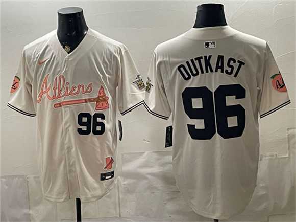 Mens Atlanta Braves #96 OutKast Cream 2024 Atliens & Peach With Outkast Patch Vapor Limited Stitched Jersey Dzhi