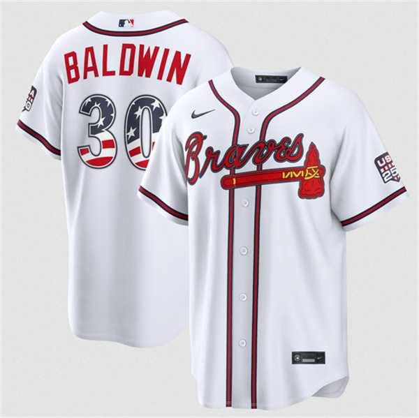 Mens Atlanta Braves #30 Drake Baldwin White USA 250 Fourth of July Home Stadium Stitched Baseball Jersey Dzhi