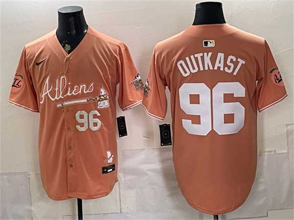 Mens Atlanta Braves #96 OutKast Peach 2024 Atliens & Peach With Outkast Patch Vapor Limited Stitched Jersey Dzhi