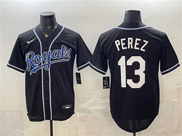 Mens Kansas City Royals #13 Salvador Perez Black 2026 Fashion Replica Black Out Stitched Jersey