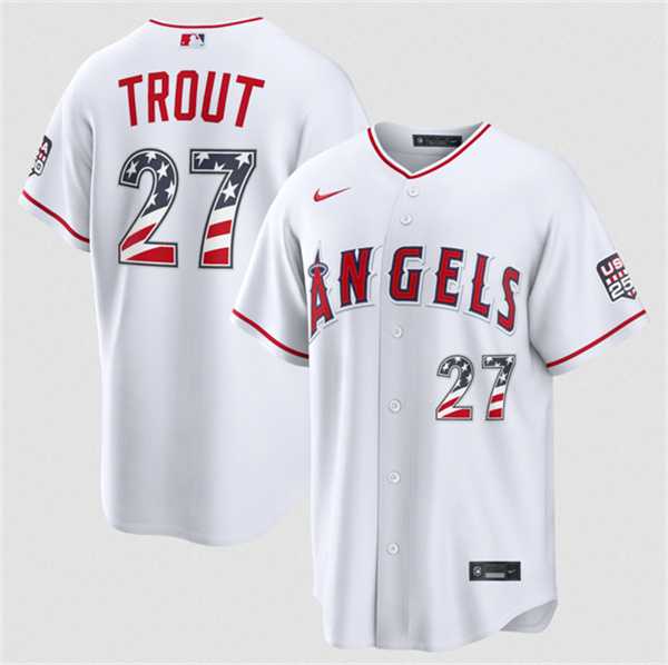 Mens Los Angeles Angels #27 Mike Trout 2026 White USA 250 Fourth of July Home Stadium Stitched Jersey Dzhi->los angeles angels->MLB Jersey