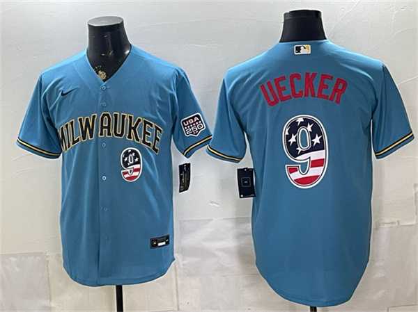 Mens Milwaukee Brewers #9 Bob Uecker Blue 2026 USA 250 Fourth of July Home Stadium Stitched Jersey Dzhi