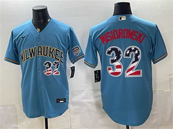Mens Milwaukee Brewers #32 Jacob Misiorowski Blue 2026 USA 250 Fourth of July Home Stadium Stitched Jersey Dzhi