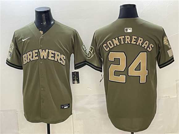 Mens Milwaukee Brewers #24 William Contreras Olive 2026 Armed Forces Day Stitched Jersey Dzhi