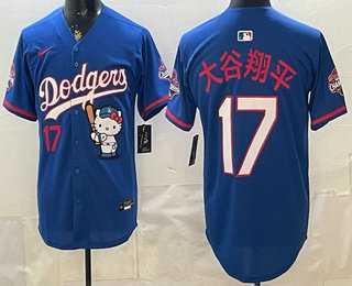 Mens Los Angeles Dodgers #17 Shohei Ohtani Blue Japanese Hello Kitty 2025 World Series Champions Limited Jersey