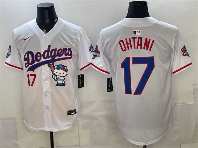 Mens Los Angeles Dodgers #17 Shohei Ohtani White Hello Kitty Night 2025 World Series Champions Patch Stitched Jersey