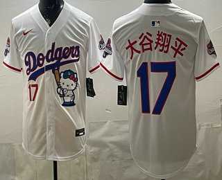 Mens Los Angeles Dodgers #17 Shohei Ohtani White Japanese Hello Kitty 2025 World Series Champions Limited Jersey
