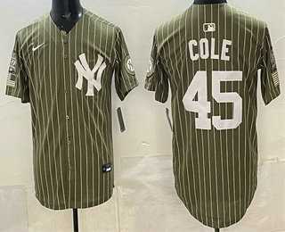 Mens New York Yankees #45 Gerrit Cole Olive Pinstripe 2026 Armed Forces Day Salute To Service Jersey Dzhi