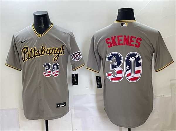 Mens Pittsburgh Pirates #30 Paul Skenes Gray USA 250 Fourth of July Stitched Jersey Dzhi