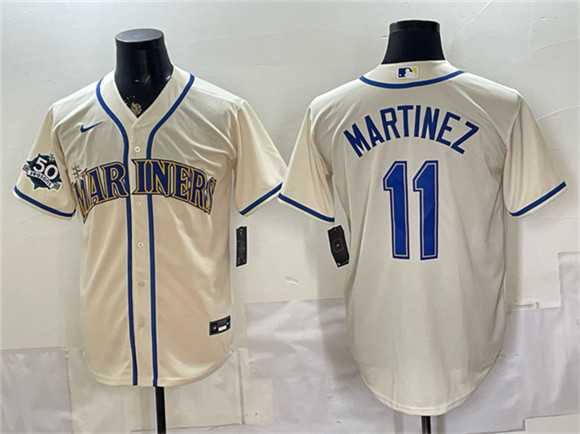 Mens Seattle Mariners #11 Edgar Martinez Cream 50th Anniversary Patch Stitched Jersey