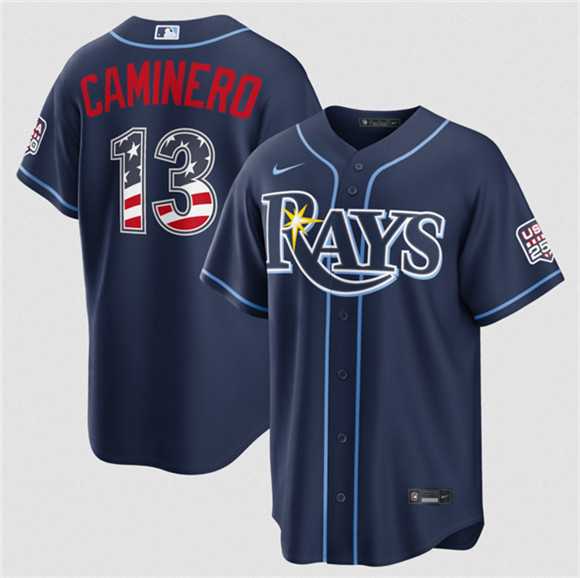 Mens Tampa Bay Rays #13 Junior Caminero Navy 2026 USA 250 Fourth of July Home Stitched Jersey Dzhi