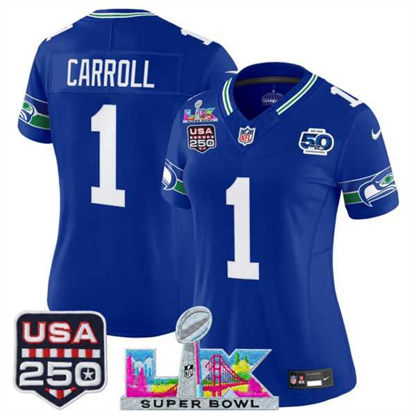 Womens Seattle Seahawks #1 Pete Carroll Royal 2025 F.U.S.E. Super Bowl LX Patch And 50th Season & USA 250 Patch Vapor Throwback Limited Stitched Jersey->->