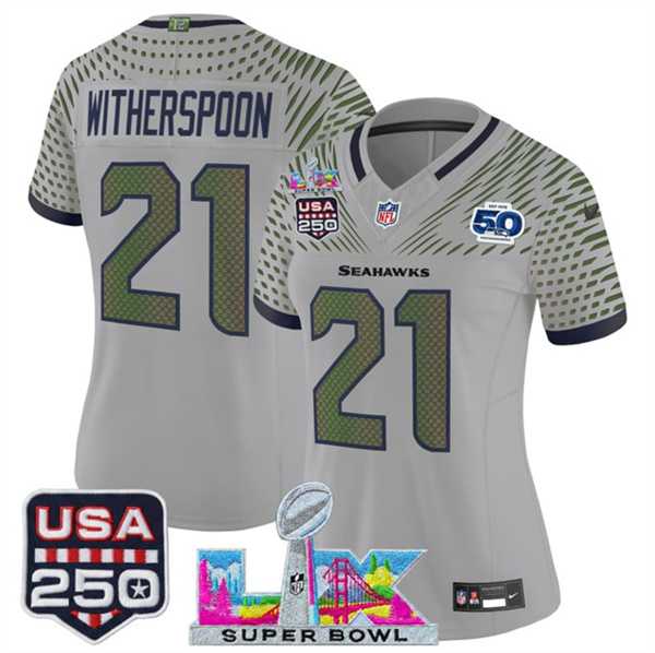 Womens Seattle Seahawks #21 Devon Witherspoon Gray 2025 F.U.S.E. Super Bowl LX & US 250th anniversary Patch And 50th Season Patch Rivalries Vapor Limited Stitched Jersey->->
