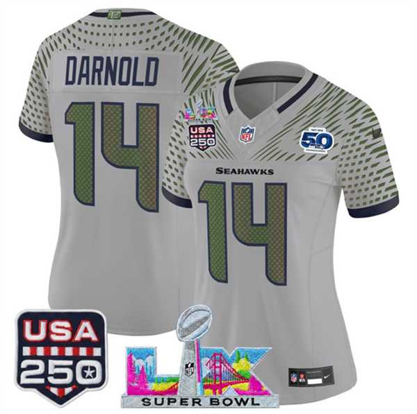 Womens Seattle Seahawks #14 Sam Darnold Gray 2025 F.U.S.E. Super Bowl LX & US 250th anniversary Patch And 50th Season Patch Rivalries Vapor Limited Stitched Jersey->->