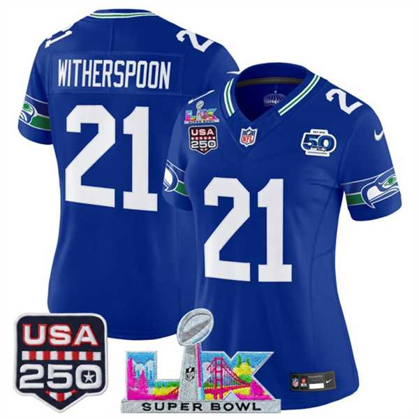 Womens Seattle Seahawks #21 Devon Witherspoon Royal 2025 F.U.S.E. Super Bowl LX Patch And 50th Season & USA 250 Patch Vapor Throwback Limited Stitched Jersey->->