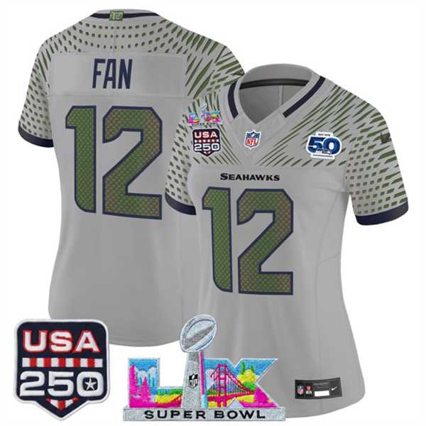 Womens Seattle Seahawks #12 Fan Gray 2025 F.U.S.E. Super Bowl LX & US 250th anniversary Patch And 50th Season Patch Rivalries Vapor Limited Stitched Jersey->->