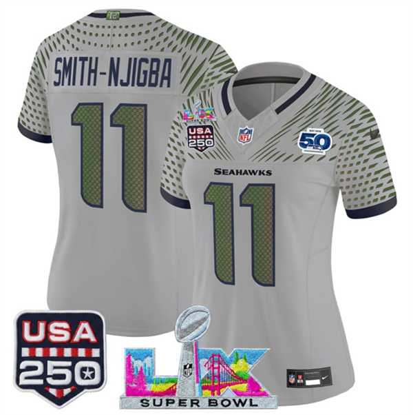 Womens Seattle Seahawks #11 Jaxon Smith-Njigba Gray 2025 F.U.S.E. Super Bowl LX & US 250th anniversary Patch And 50th Season Patch Rivalries Vapor Limited Stitched Jersey->->