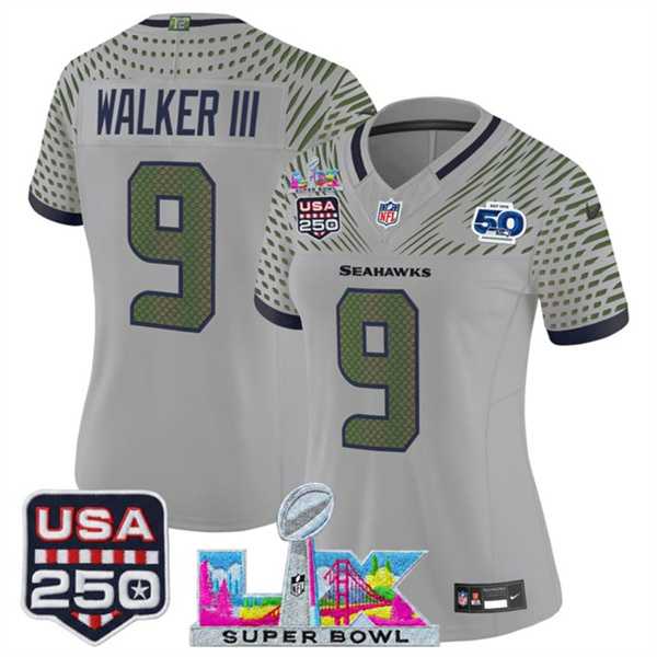 Womens Seattle Seahawks #9 Kenneth Walker III Gray 2025 F.U.S.E. Super Bowl LX & US 250th anniversary Patch And 50th Season Patch Rivalries Vapor Limited Stitched Jersey->->
