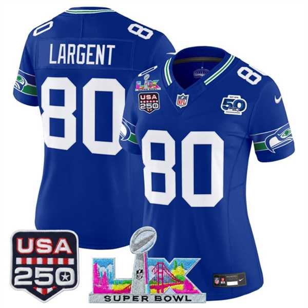 Womens Seattle Seahawks #80 Steve Largent Royal 2025 F.U.S.E. Super Bowl LX Patch And 50th Season & USA 250 Patch Vapor Throwback Limited Stitched Je->->