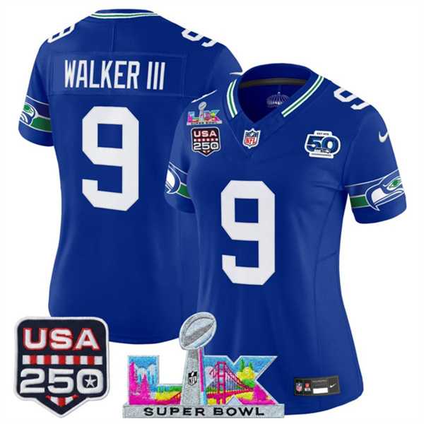 Womens Seattle Seahawks #9 Kenneth Walker III Royal 2025 F.U.S.E. Super Bowl LX Patch And 50th Season & USA 250 Patch Vapor Throwback Limited Stitched Jersey->->