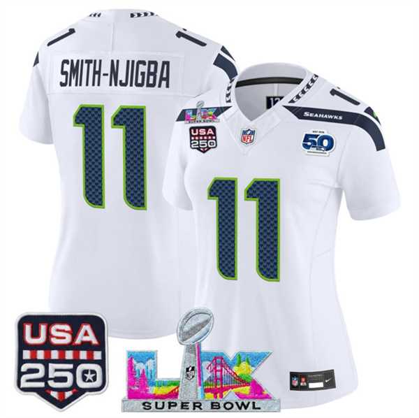 Womens Seattle Seahawks #11 Jaxon Smith-Njigba White 2025 F.U.S.E. Super Bowl LX Patch And 50th Season & USA 250 Patch Vapor Limited Stitched Jersey->->