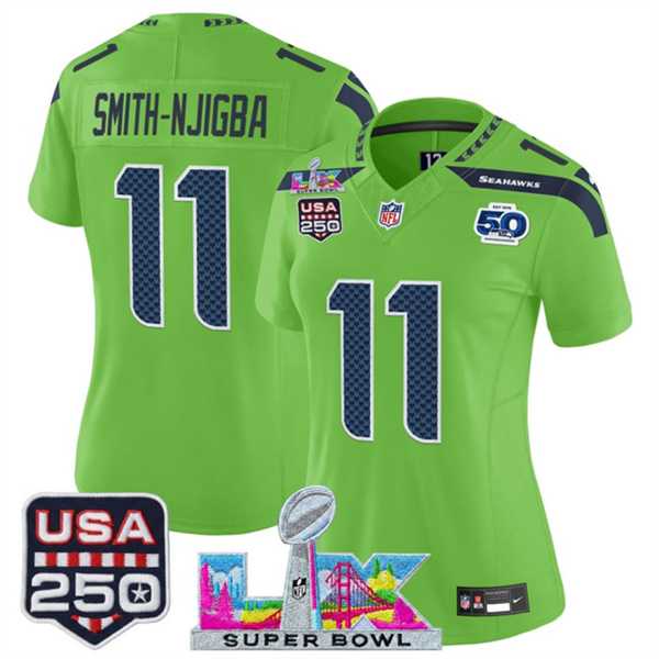 Womens Seattle Seahawks #11 Jaxon Smith-Njigba Green 2025 F.U.S.E. Super Bowl LX Patch And 50th Season & USA 250 Patch Vapor Limited Stitched Jersey->->