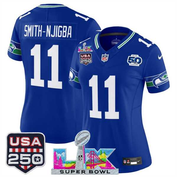 Womens Seattle Seahawks #11 Jaxon Smith-Njigba Royal 2025 F.U.S.E. Super Bowl LX Patch And 50th Season & USA 250 Patch Vapor Throwback Limited Stitched Jersey->->