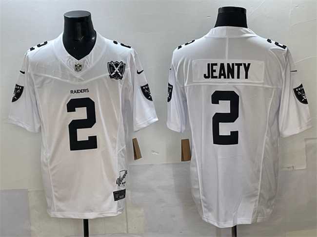 Mens Las Vegas Raiders #2 Ashton Jeanty White 2025 Draft F.U.S.E. With Nevada Silver Stat Patch And 65th Anniversary Patch Stitched Jersey