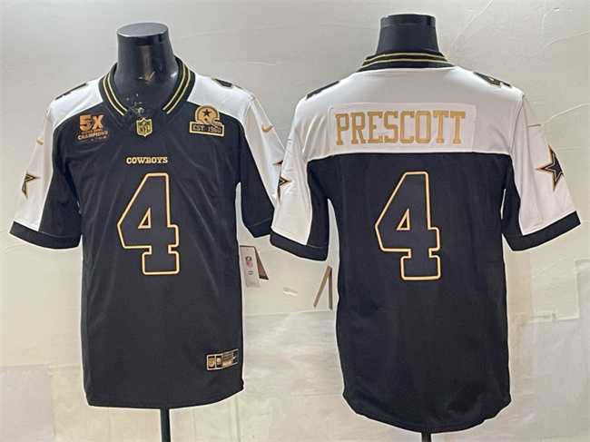 Mens Dallas Cowboys #4 Dak Prescott Black Gold 2025 F.U.S.E. With 5x Super Bowl Champions & Established In 1960 Patch Vapor Limited Stitched Jersey1