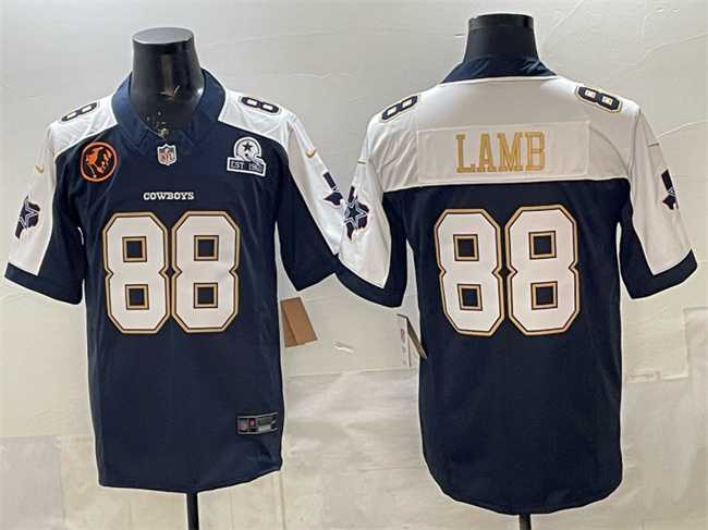 Mens Dallas Cowboys #88 CeeDee Lamb Navy F.U.S.E. With John Madden Patch & Established In 1960 Patch Thanksgiving Vapor Limited Stitched Jersey