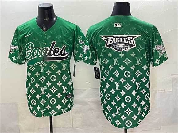 Mens Philadelphia Eagles Team Big Logo Green With Patch Limited Stitched Baseball Jersey