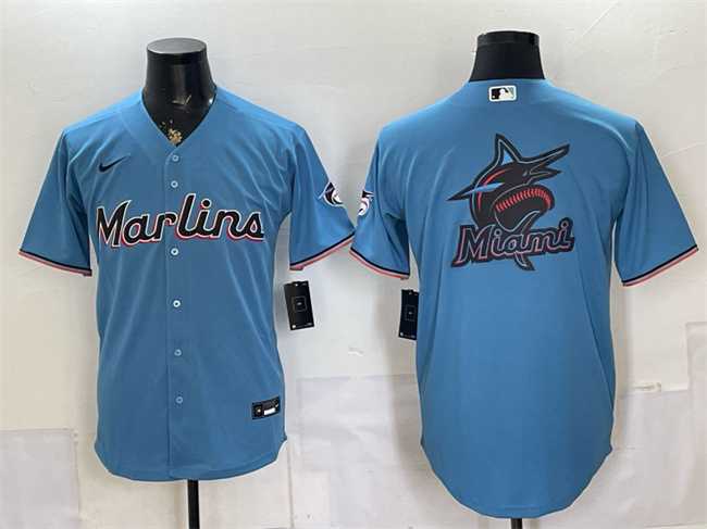 Mens Miami Marlins Blue Team Big Logo Cool Base Stitched Jersey Dzhi