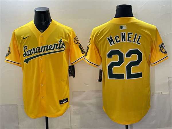 Mens Oakland Athletics #22 Jeff McNeil 2026 Yellow Alternate Sacramento Celebrating 125 Years Vapor Limited Stitched Jersey