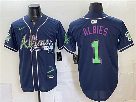 Mens Atlanta Braves #1 Ozzie Albies Navy Galaxy With Outkast Patch Vapor Limited Stitched Jersey Dzhi->atlanta braves->MLB Jersey