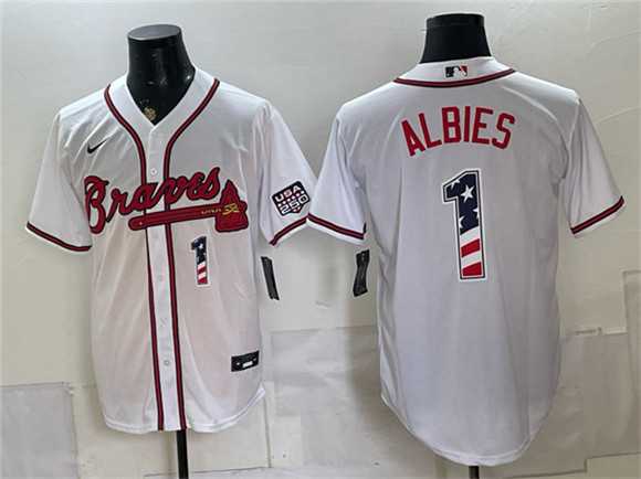 Mens Atlanta Braves #1 Ozzie Albies White USA 250 Fourth of July Home Stadium Stitched Jersey Dzhi->atlanta braves->MLB Jersey