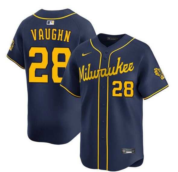 Mens Milwaukee Brewers #28 Andrew Vaughn Navy Alternate Limited Stitched Jersey Dzhi