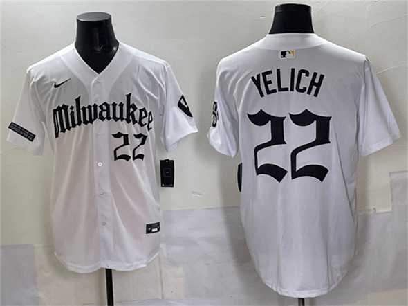 Mens Milwaukee Brewers #22 Christian Yelich White Gothic 414 Shadows Edition Vapor Premier Limited Stitched Jersey