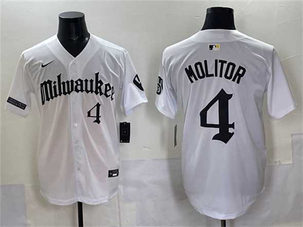 Mens Milwaukee Brewers #4 Paul Molitor White Gothic 414 Shadows Edition Vapor Premier Limited Stitched Jersey
