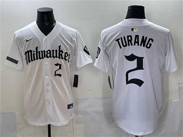 Mens Milwaukee Brewers #2 Brice Turang White Gothic 414 Shadows Edition Vapor Premier Limited Stitched Jersey