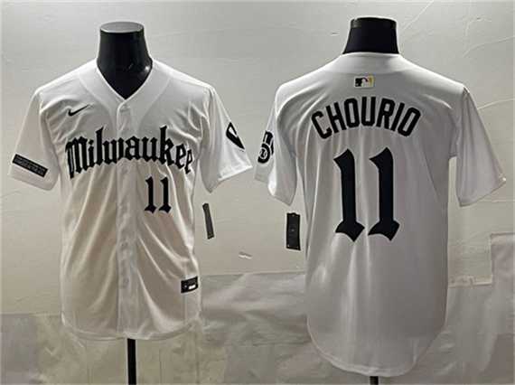 Mens Milwaukee Brewers #11 Jackson Chourio White Gothic 414 Shadows Edition Vapor Premier Limited Stitched Jersey