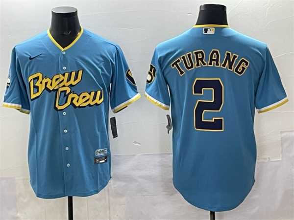 Mens Milwaukee Brewers #2 Brice Turang Powder Blue City Connect Cool Base Stitched Jersey