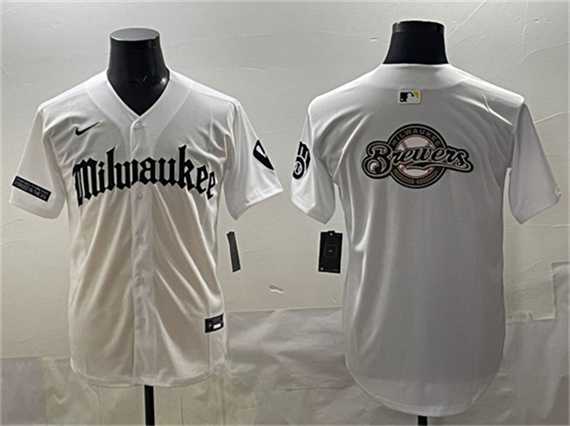 Mens Milwaukee Brewers Team Big Logo White Gothic 414 Shadows Edition Vapor Premier Limited Stitched Jersey