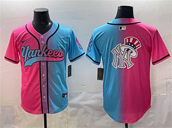 Mens New York Yankees Team Big Logo Pink Blue Limited Stitched Jersey